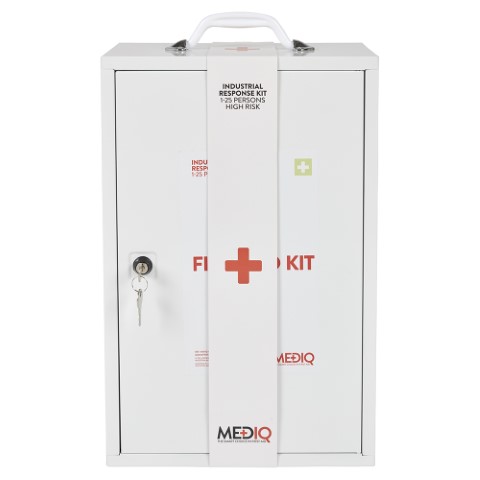 MEDIQ ESSENTIAL FIRST AID KIT WORKPLACE RESPONSE METAL WALL CAB H/RISK